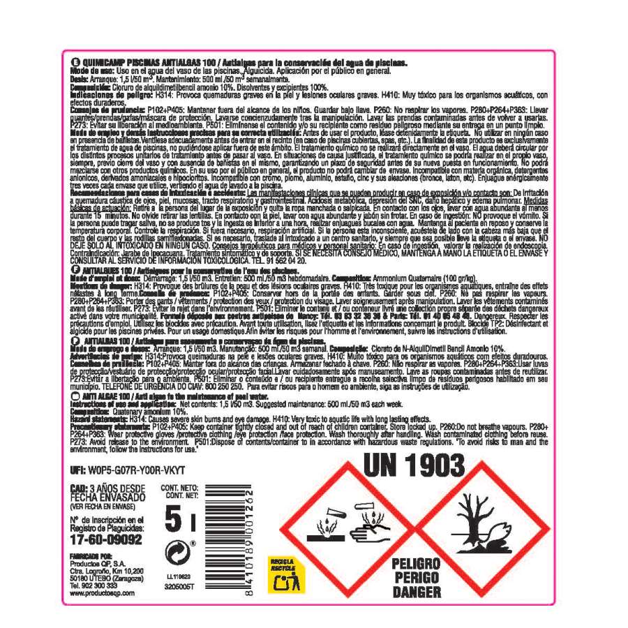 Imagen accesoria del productoQUIMICAMP ANTIALGAS 100 5L