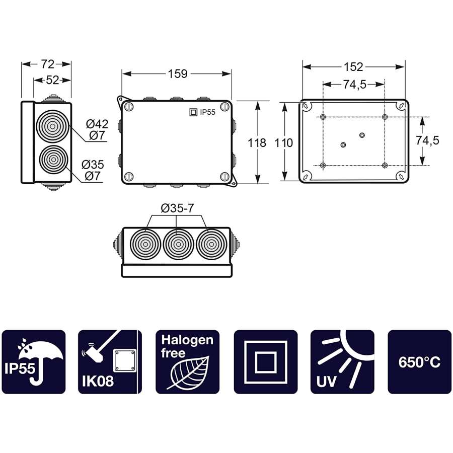 Imagen accesoria del productoCAJA ESTANCA 118x159x72 CON CONOS