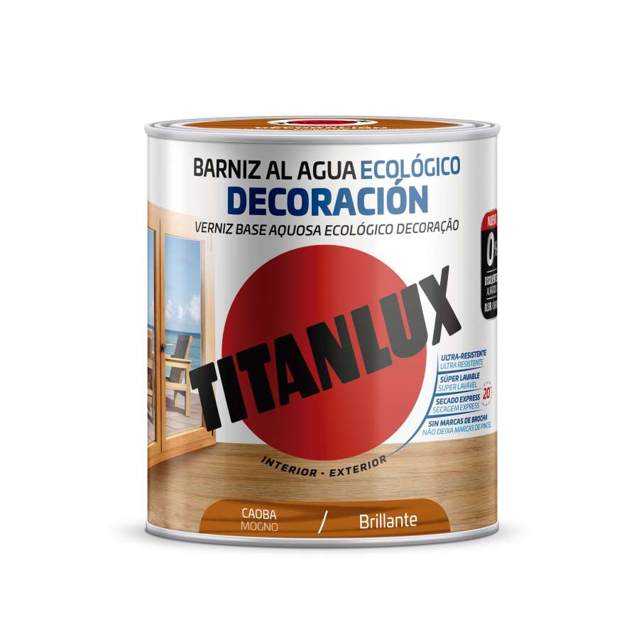 Imagen principal del productoBARNIZ AL AGUA TITANLUX BRILLANTE CAOBA 750ML