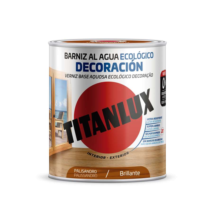 Imagen principal del productoBARNIZ AL AGUA TITANLUX BRILLANTE PALISANDRO 750ML