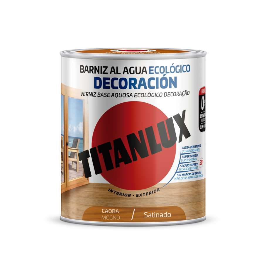 Imagen principal del productoBARNIZ AL AGUA TITANLUX SATINADO CAOBA 750ML
