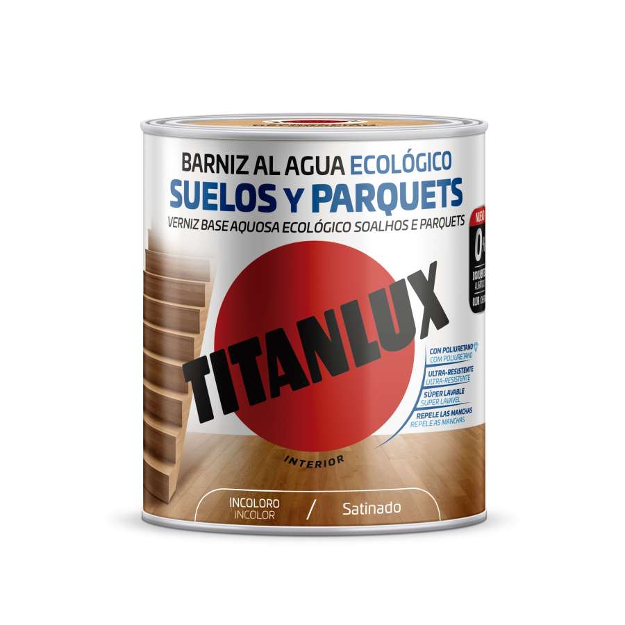 Imagen principal del productoBARNIZ AL AGUA SUELOS Y PARQUETS TITANLUX SATINADO 750ML