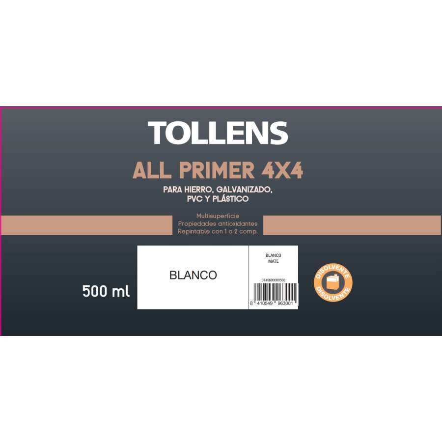 Imagen accesoria del productoIMPRIMACIÓN MULTIUSOS TOLLENS ALL PRIMER 4X4 BLANCO 0,5L