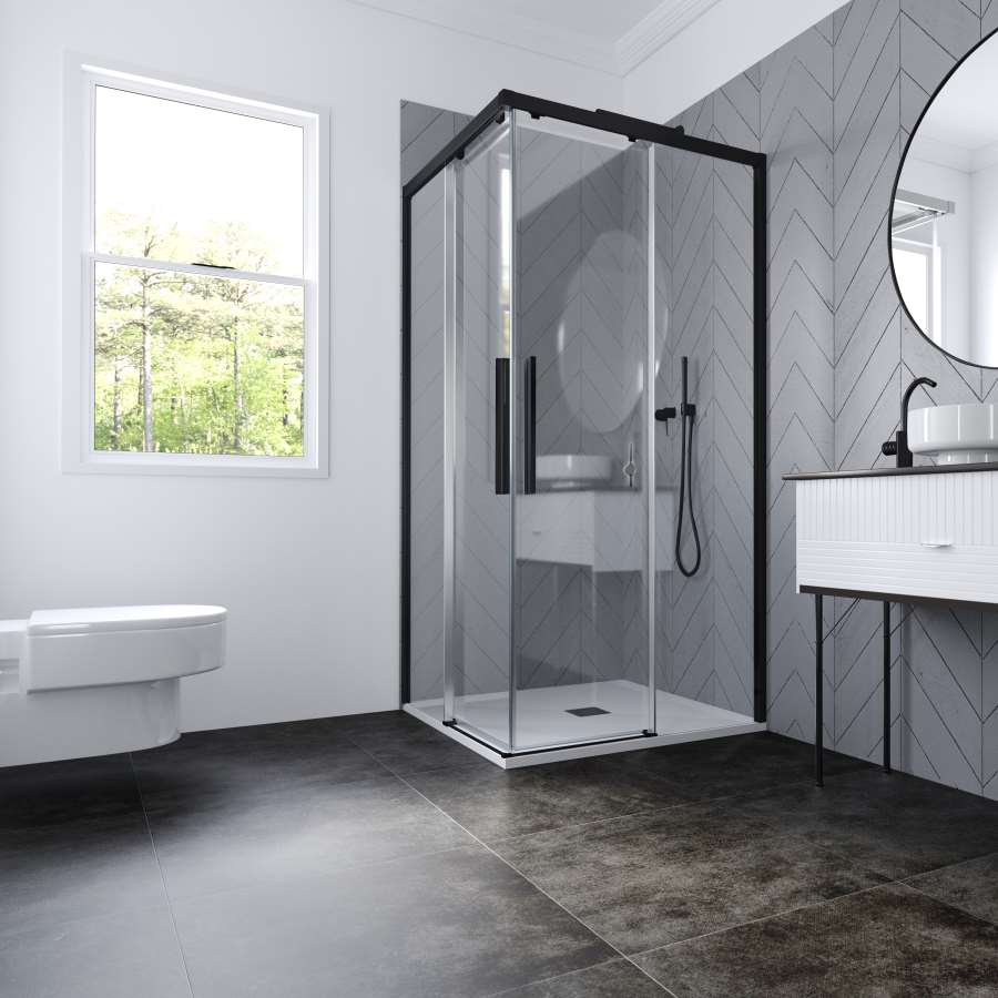 Imagen principal del productoMAMPARA DUCHA ANG. INDICO 2F+2C 120X70 NEGRO CRS TRANP